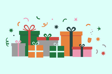 Festive Gift Boxes and Confetti Colorful Celebration Illustration on Light Blue