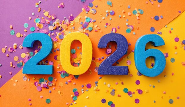 High quality photo of bright 2026 numbers on colorful background with confetti
