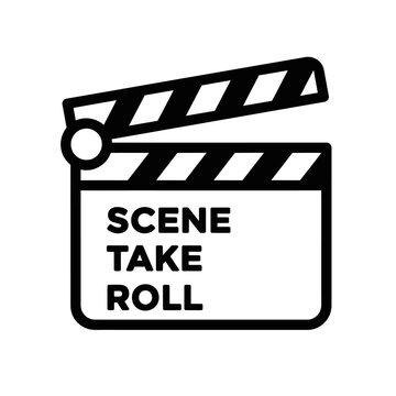 Minimalist black and white film clapperboard icon with open clapper stick and bold text.