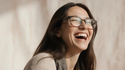 Joyful Woman with Glasses Laughing, Showing Teeth in Natural Light.