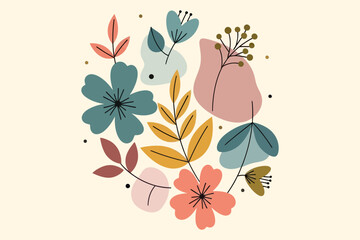 Floral Abstract Composition Pastel Flowers and Leaves on Cream Background