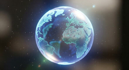 Obraz premium Digital Holographic Earth in Space: Global Connectivity Concept A stunning, high-resolution rendering of a digital, holographic projection of Earth centered in the frame against a dark