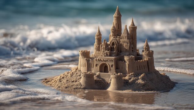 High quality photo of intricate sandcastle on a beach with waves washing ashore