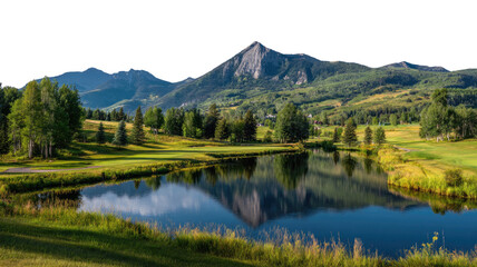 Obraz premium Breathtaking mountain views overlooking serene golf course with green fairways and peaceful natural landscape on white background