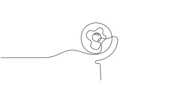 Continuous line drawing of fried egg on a pan, Frying pan with scrambled egg in single line art style, Simple vector illustration.