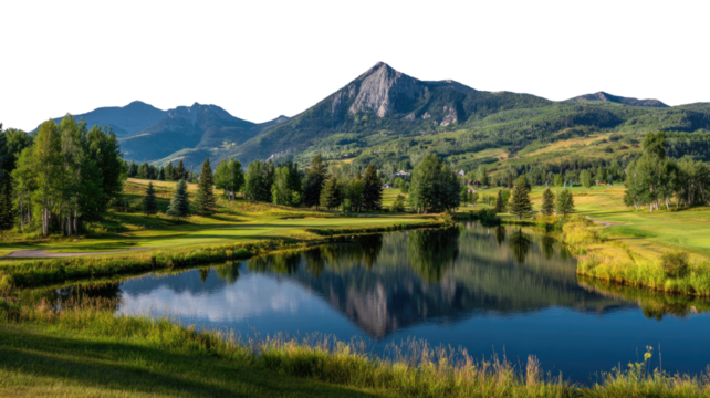 Breathtaking mountain views overlooking serene golf course with green fairways and peaceful natural landscape on white background