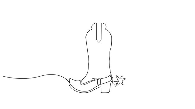 Continuous one line drawing cowboy boots, single line art flat doodle boot, shoe, cowboy, leather, western, fashion minimalist sketch line vector illustration 4k animation video.