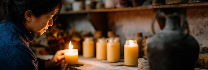 A woman gently observes a lit candle in a rustic workshop filled with candle creations, showcasing the art of candle making and its tranquil ambiance.