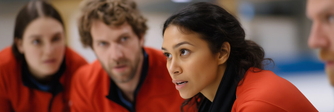A focused group of athletes in bright uniforms strategizing on the ice, showcasing teamwork, collaboration, and competitive spirit in a sporting environment. - Powered by Adobe