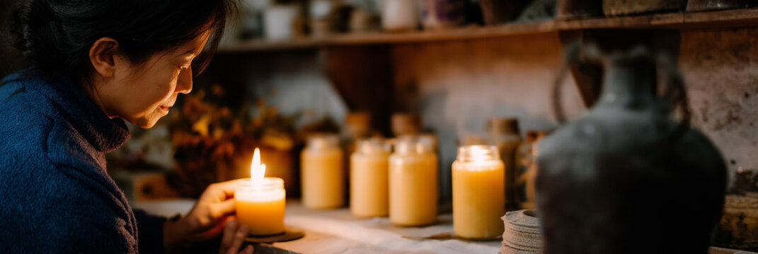 A woman gently observes a lit candle in a rustic workshop filled with candle creations, showcasing the art of candle making and its tranquil ambiance.