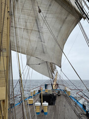 at sea under sail on a tall ship