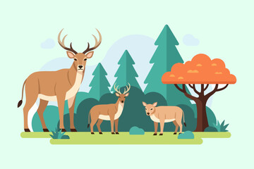 Stylized Deer Family Illustration with Antlers Standing in Forest Scene