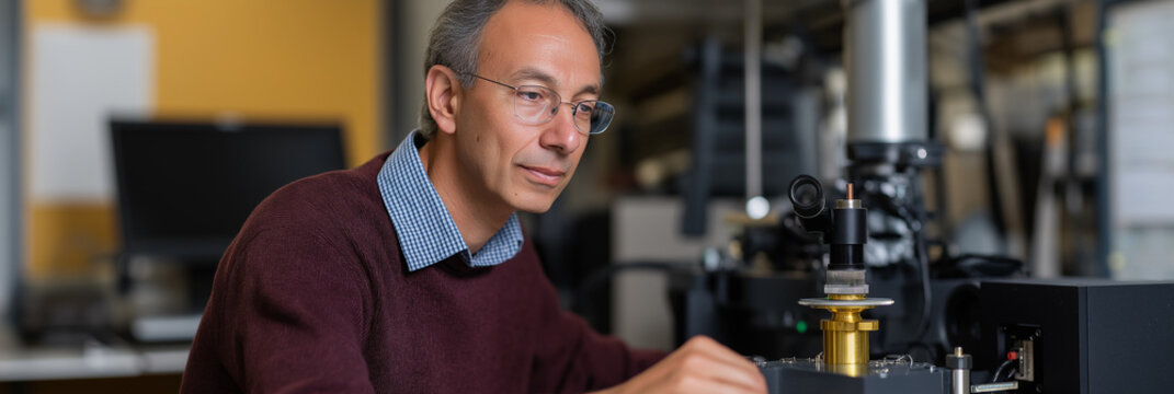 A dedicated scientist intently observes a sophisticated instrument in a modern laboratory, exemplifying the pursuit of knowledge and technological advancement.