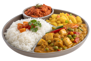 Indian Thali Plate Trio, Rice Curry Pickle Meal