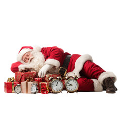 Tired Santa Claus rests surrounded by Christmas gifts and alarm clocks
