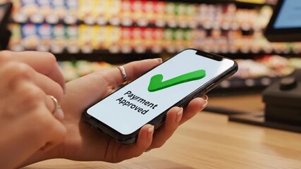 Woman approves payment on smartphone in a store with a sparkle effect, showing digital transaction technology in motion footage - Powered by Adobe