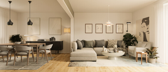 Photorealistic 3D rendering of a bright, modern apartment interior featuring open living, dining and kitchen areas. Scandinavian design style with natural wood, soft tones, elegant furniture and cozy 