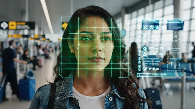 Woman uses face scan for biometric verification. Digital recognition system for secure access and modern identity approval. - Powered by Adobe