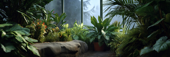 A vibrant indoor garden scene filled with lush plants basking in natural light, creating a refreshing and stimulating environment that promotes relaxation and connection with nature.