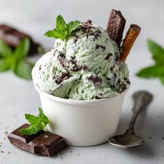 A serving of mint chocolate chip ice cream in a white paper cup.