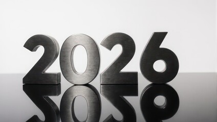 Metallic 2026 Numbers Reflecting on a Glossy Surface.