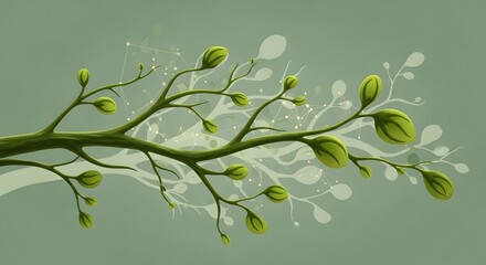 Digital illustration of a green tree branch with buds and a faint glowing network overlay on a soft background. Concept of biotechnology, natural intelligence, and organic connection design.