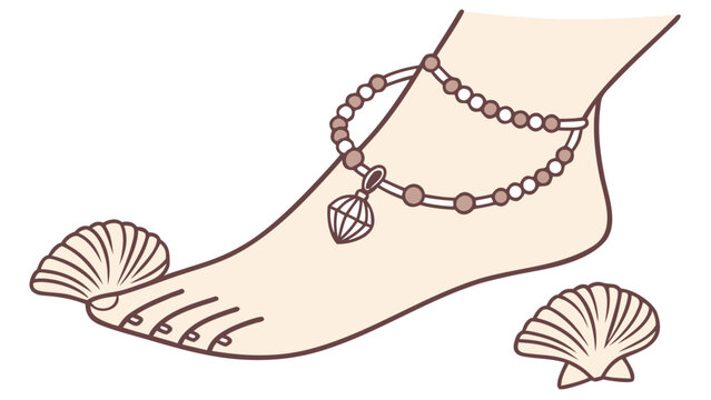 Illustration of a foot with beaded anklet and seashell accents on a white background art