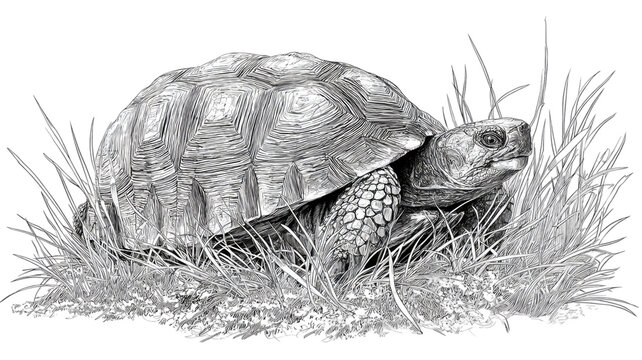 Cute box turtle crawling in grass with detailed shell texture and natural wildlife charm captured in black and white background