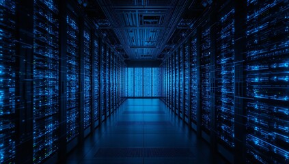Immersive digital data center hallway with vibrant blue server racks glowing with active information streams, representing modern technology and global connectivity.