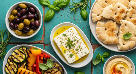 A vibrant overhead shot of a Mediterranean spread featuring various fresh ingredients and dishes.