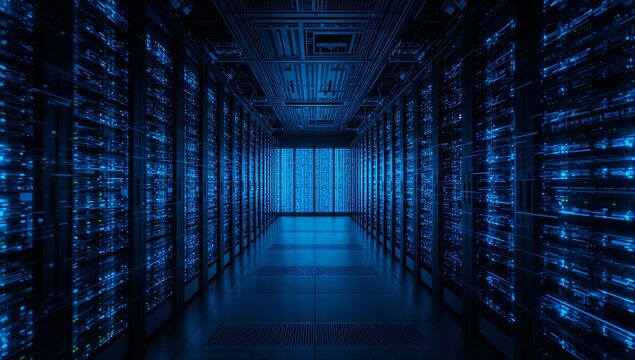 Immersive digital data center hallway with vibrant blue server racks glowing with active information streams, representing modern technology and global connectivity.