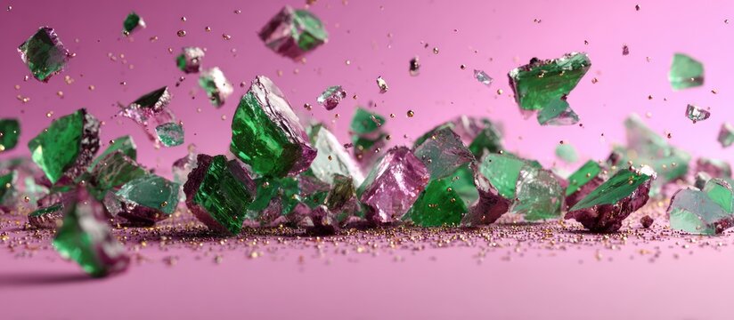 Emerald & violet-toned geometric shards appear to float over glitter on a pink background