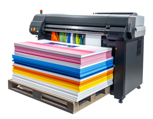 A large format printer prints a stack of colorful boards on a wooden pallet in a dimly lit industrial setting
