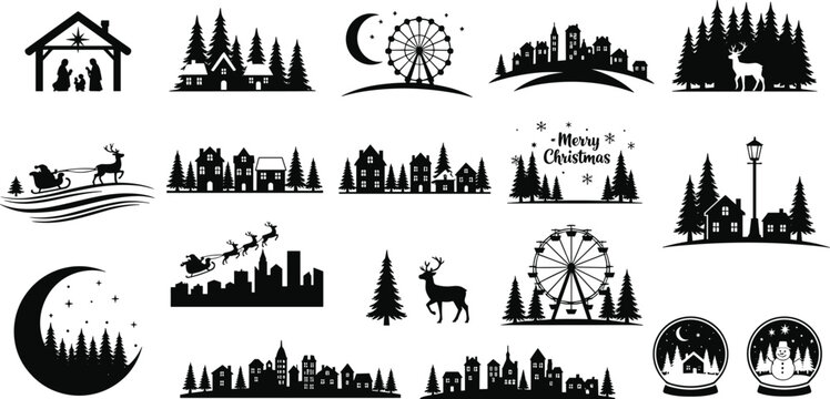 Christmas and winter silhouette collection, festive scenes and holiday icons, nativity, Santa, snow globe, Ferris wheel, pine trees, black vector graphic set