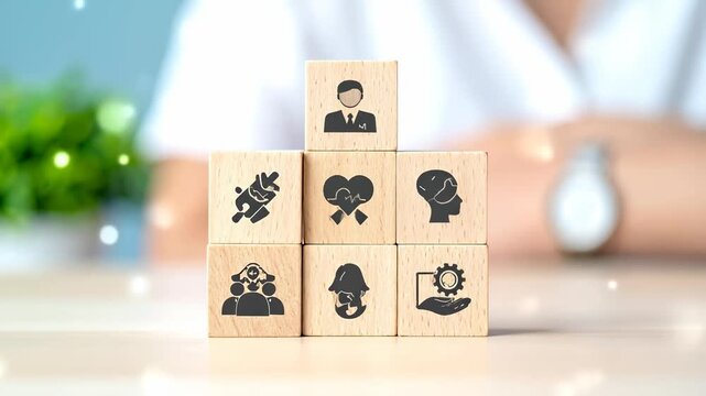 Wooden blocks with icons representing business and personal development concepts.