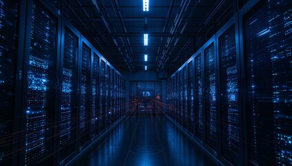 Vast data center with glowing server racks illuminating a futuristic digital corridor, representing powerful technology and innovation.