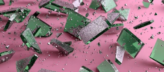 Debris of green reflective shards with a silver coating scattered on a pink surface