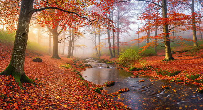 A serene autumn forest scene with a stream flowing through colorful foliage and a misty atmosphere.