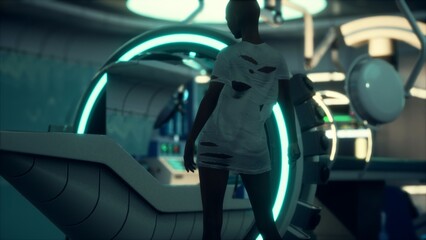 A lone figure stands before an advanced device, intrigued by its glowing elements. The high tech setting suggests a blend of science and art, evoking a sense of curiosity and adventure.