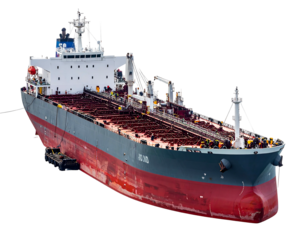 A large oil tanker with a dark hull sits anchored, against a black background, casting no shadow