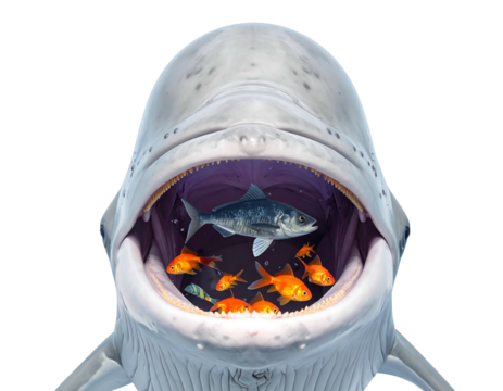 A large, open-mouthed white whale reveals goldfish & a silver fish within its mouth on a black background - Powered by Adobe