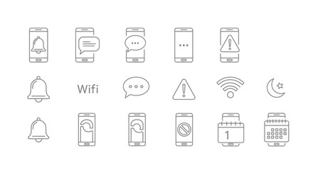 Set of outline mobile phone and notification icons, including messages, alerts, and connectivity symbols.