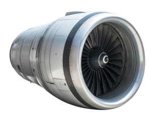 A large, silver jet engine angled against a black background, showcasing its powerful turbine blades