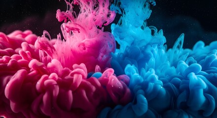 Vibrant pink and blue ink plumes majestically swirl underwater against a dark background creating an ethereal, abstract visual with dynamic color contrast and fluid motion
