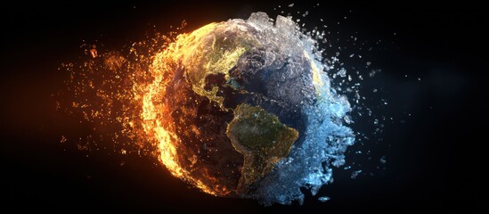 A globe image split between fire and ice, symbolizing climate change, on a black background