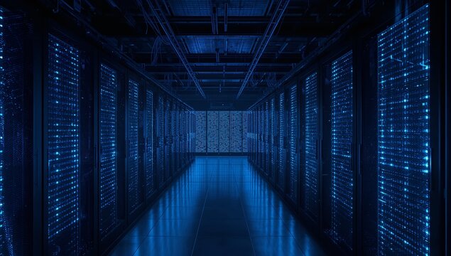 Immersive digital data center corridor glowing with vibrant blue server lights and flowing information streams