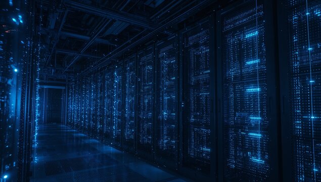 Immersive digital data center with glowing blue servers and intricate network connections, symbolizing innovation and advanced technology