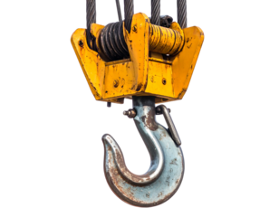 A large, weathered crane hook hangs, its yellow and gray hues contrasting against a black background