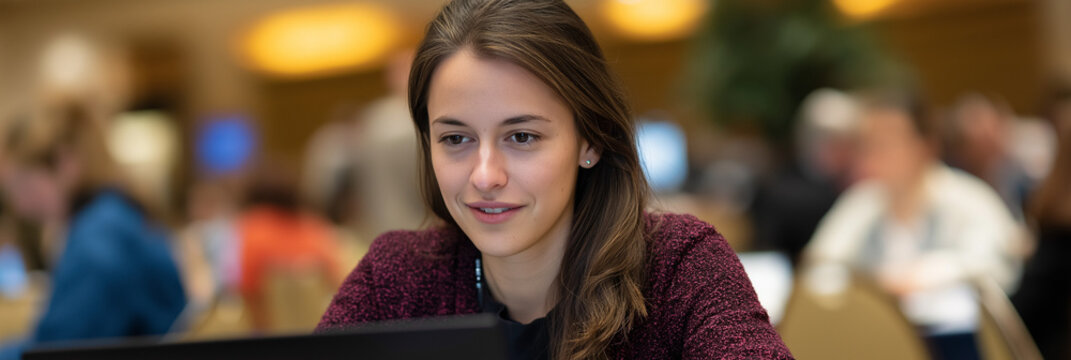 A young woman is deeply focused on her laptop screen in a vibrant cafe, showcasing productivity and modern workspace aesthetics that inspire creativity and connection.