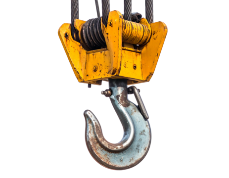 A large, weathered crane hook hangs, its yellow and gray hues contrasting against a black background
